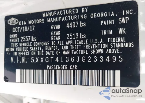 2018 Kia Optima S z USA, uszkodzony, nr VIN 5XXGT4L36JG233495